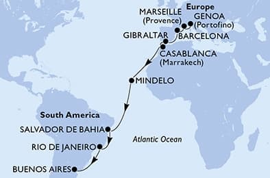 21 nights Extraordinary cruise on MSC Magnifica
from ๐ฎ๐น Genova to ๐ฆ๐ท Buenos Aires