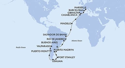 35 nights Extraordinary cruise on MSC Magnifica
from 🇫🇷 Marseille to 🇨🇱 ValparaÃso