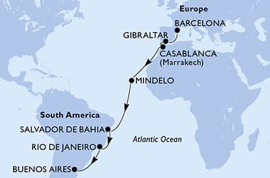 19 nights Extraordinary cruise on MSC Magnifica
from ๐ช๐ธ Barcelona to ๐ฆ๐ท Buenos Aires