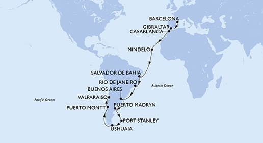 34 nights Extraordinary cruise on MSC Magnifica
from ๐ช๐ธ Barcelona to ๐จ๐ฑ Valparaiso