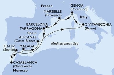 10 nights Mediterranean cruise on MSC Magnifica
from 🇪🇸 Tarragona to 🇪🇸 Barcelona