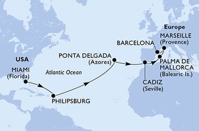 16 nights Transatlantic cruise on MSC Seashore
from 🇺🇸 Miami to 🇪🇸 Barcelona