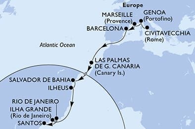 18 nights Transatlantic cruise on MSC Divina
from 🇮🇹 Civitavecchia to 🇧🇷 Santos (Sao Paulo)