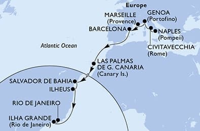 18 nights Transatlantic cruise on MSC Divina
from 🇮🇹 Naples to 🇧🇷 Rio de Janeiro