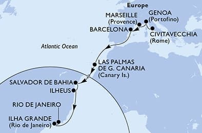 17 nights Transatlantic cruise on MSC Divina
from 🇮🇹 Civitavecchia to 🇧🇷 Rio de Janeiro