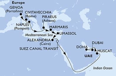 21 nights Transatlantic cruise on MSC World Europa
from ๐ฎ๐น Genova to ๐ฆ๐ช Dubai