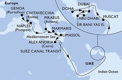 23 nights Transatlantic cruise on MSC World Europa
from 🇮🇹 Genova to 🇦🇪 Abu Dhabi