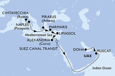 18 nights Transatlantic cruise on MSC World Europa
from 🇮🇹 Civitavecchia to 🇶🇦 Doha