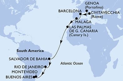 20 nights Transatlantic cruise on MSC Splendida
from 🇮🇹 Genoa to 🇦🇷 Buenos Aires