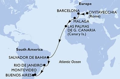 19 nights Transatlantic cruise on MSC Splendida
from 🇮🇹 Civitavecchia to 🇦🇷 Buenos Aires