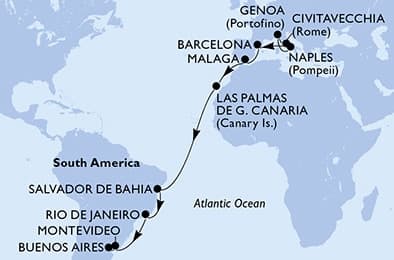 21 nights Transatlantic cruise on MSC Splendida
from 🇮🇹 Naples to 🇦🇷 Buenos Aires