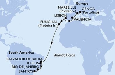 17 nights Transatlantic cruise on MSC Musica
from 🇮🇹 Genova to 🇧🇷 Santos (Sao Paulo)