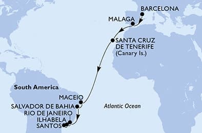 18 nights Transatlantic cruise on MSC Virtuosa
from 🇪🇸 Barcelona to 🇧🇷 Santos (Sao Paulo)