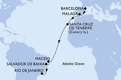 16 nights Transatlantic cruise on MSC Virtuosa
from 🇪🇸 Barcelona to 🇧🇷 Rio de Janeiro
