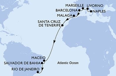 19 nights Transatlantic cruise on MSC Virtuosa
from 🇮🇹 Naples to 🇧🇷 Rio de Janeiro