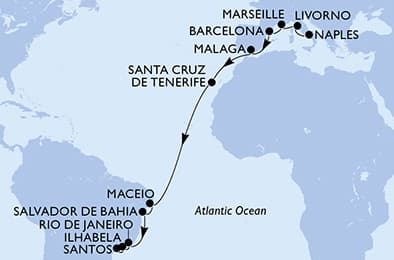 21 nights Transatlantic cruise on MSC Virtuosa
from 🇮🇹 Naples to 🇧🇷 Santos (São Paulo)