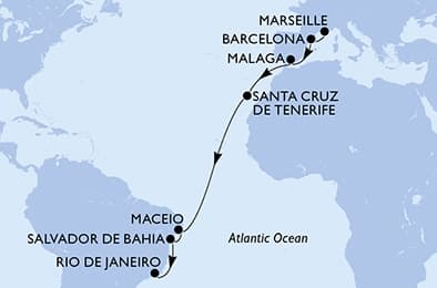 17 nights Transatlantic cruise on MSC Virtuosa
from 🇫🇷 Marseille to 🇧🇷 Rio de Janeiro