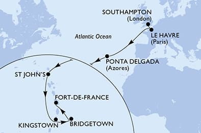 14 nights Transatlantic cruise on MSC Meraviglia
from 🇬🇧 Southampton to 🇲🇶 Fort-de-France