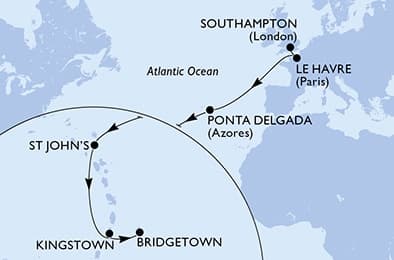 13 nights Transatlantic cruise on MSC Meraviglia
from ๐ฌ๐ง Southampton to ๐ง๐ง Bridgetown