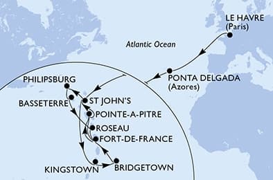 21 nights Transatlantic cruise on MSC Meraviglia
from 🇫🇷 Le Havre to 🇬🇵 Pointe a Pitre