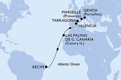 13 nights Transatlantic cruise on MSC Sinfonia
from 🇮🇹 Genova to 🇧🇷 Recife