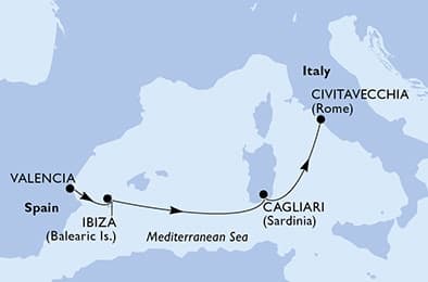 4 nights Mediterranean cruise on MSC Musica
from 🇪🇸 Valencia to 🇮🇹 Civitavecchia