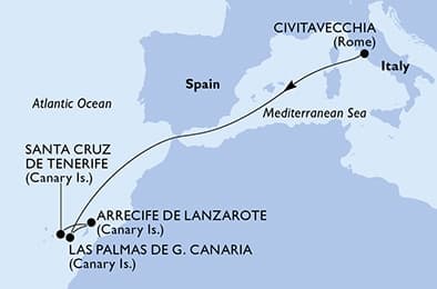 6 nights Mediterranean cruise on MSC Fantasia
from 🇮🇹 Civitavecchia to 🇪🇸 Santa Cruz de Tenerife