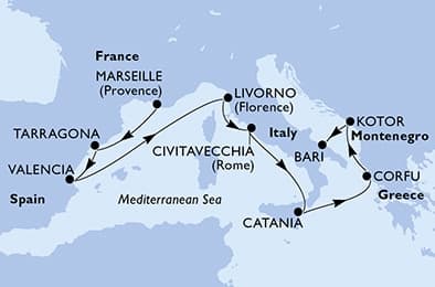 9 nights Mediterranean cruise on MSC Orchestra
from 🇫🇷 Marseille to 🇮🇹 Bari
