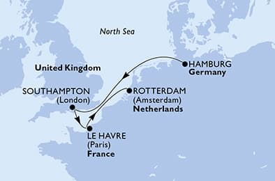 4 nights North European cruise on MSC Preziosa
from ๐ฉ๐ช Hamburg to ๐ณ๐ฑ Rotterdam