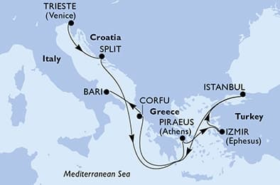8 nights Mediterranean cruise on MSC Splendida
from 🇮🇹 Trieste to 🇮🇹 Bari