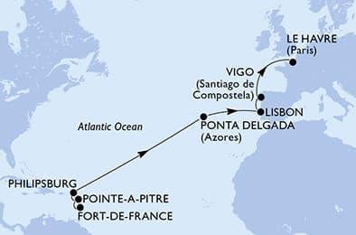 15 nights Transatlantic cruise on MSC Meraviglia
from 🇲🇶 Fort-de-France to 🇫🇷 Le Havre