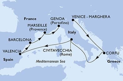 9 nights Mediterranean cruise on MSC Lirica
from 🇮🇹 Venice to 🇮🇹 Genova