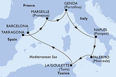 7 nights Mediterranean cruise on MSC Euribia
from ๐ช๐ธ Tarragona to ๐ช๐ธ Barcelona