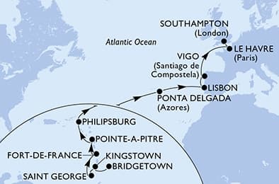 20 nights Transatlantic cruise on MSC Meraviglia
from 🇧🇧 Bridgetown to 🇬🇧 Southampton