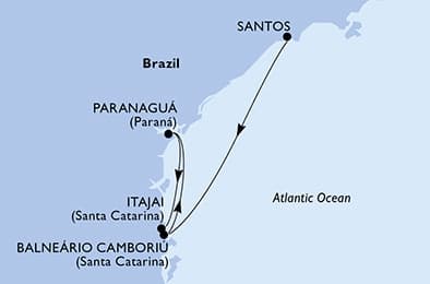 3 nights South American cruise on MSC Musica
from ๐ง๐ท Santos (Sao Paulo) to ๐ง๐ท Itajai