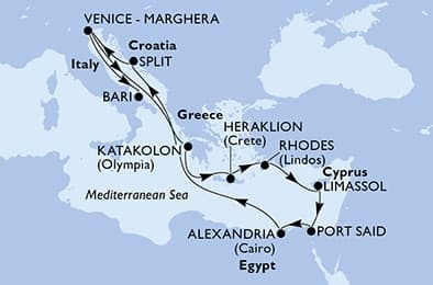 12 nights Mediterranean cruise on MSC Lirica
from 🇮🇹 Venice to 🇮🇹 Bari