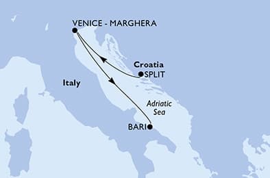 2 nights Mediterranean cruise on MSC Lirica
from 🇭🇷 Split to 🇮🇹 Bari