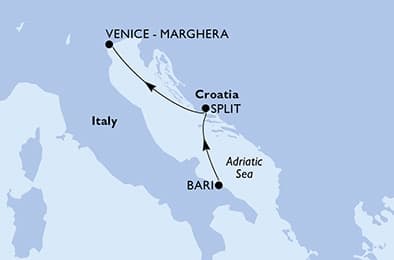 2 nights Mediterranean cruise on MSC Lirica
from 🇮🇹 Bari to 🇮🇹 Venice