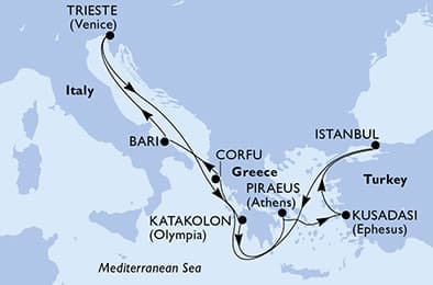 9 nights Mediterranean cruise on MSC Splendida
from 🇮🇹 Bari