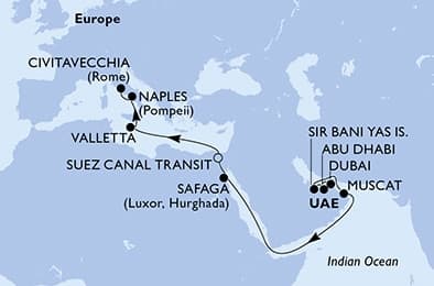18 nights Transatlantic cruise on MSC World Europa
from 🇦🇪 Dubai to 🇮🇹 Civitavecchia