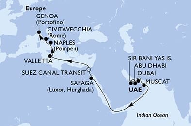 19 nights Transatlantic cruise on MSC World Europa
from 🇦🇪 Dubai to 🇮🇹 Genova