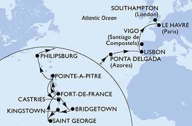 23 nights Transatlantic cruise on MSC Meraviglia
from 🇲🇶 Fort-de-France to 🇬🇧 Southampton