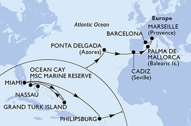 22 nights Transatlantic cruise on MSC Seashore
from 🇺🇸 Miami to 🇪🇸 Barcelona