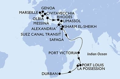 28 nights Transatlantic cruise on MSC Sinfonia
from 🇮🇹 Genova to 🇿🇦 Durban