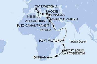 25 nights Transatlantic cruise on MSC Sinfonia
from ๐ฎ๐น Civitavecchia to ๐ฟ๐ฆ Durban