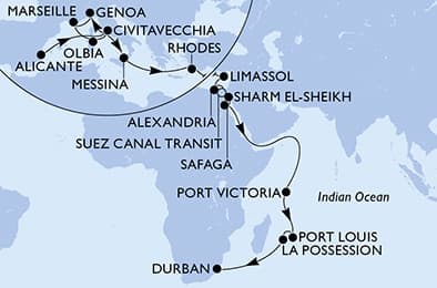 31 nights Transatlantic cruise on MSC Sinfonia
from 🇪🇸 Alicante to 🇿🇦 Durban