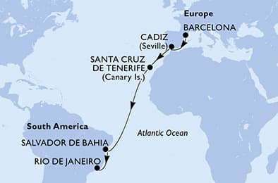 13 nights Transatlantic cruise on MSC Armonia
from 🇪🇸 Barcelona to 🇧🇷 Rio de Janeiro
