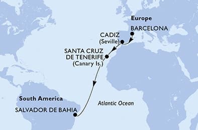 11 nights Transatlantic cruise on MSC Armonia
from 🇪🇸 Barcelona to 🇧🇷 Salvador