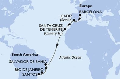 14 nights Transatlantic cruise on MSC Armonia
from ๐ช๐ธ Barcelona to ๐ง๐ท Santos (Sao Paulo)