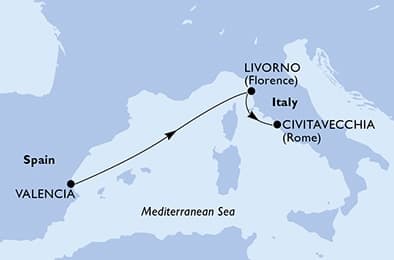 3 nights Mediterranean cruise on MSC Orchestra
from 🇪🇸 Valencia to 🇮🇹 Civitavecchia